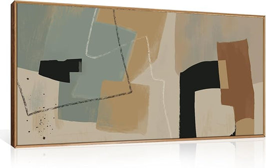 Abstract Neutral Framed Canvas Wall Art Set,Modern Color Block Geometric Wall Decor,Beige Minimalist Line Shape Artwork for Living Room,Bedroom-20 x40