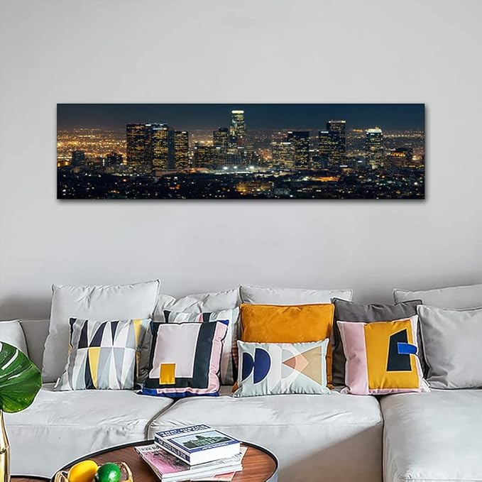 City Skyline Wall Art Cityscape Paintings Modern Decor Los Skyscrapers Night Scene Picture on Canvas for Home Decor Skyline at Dusk Landscape of City Night View Artwork for Living Room 12x46 Inch
