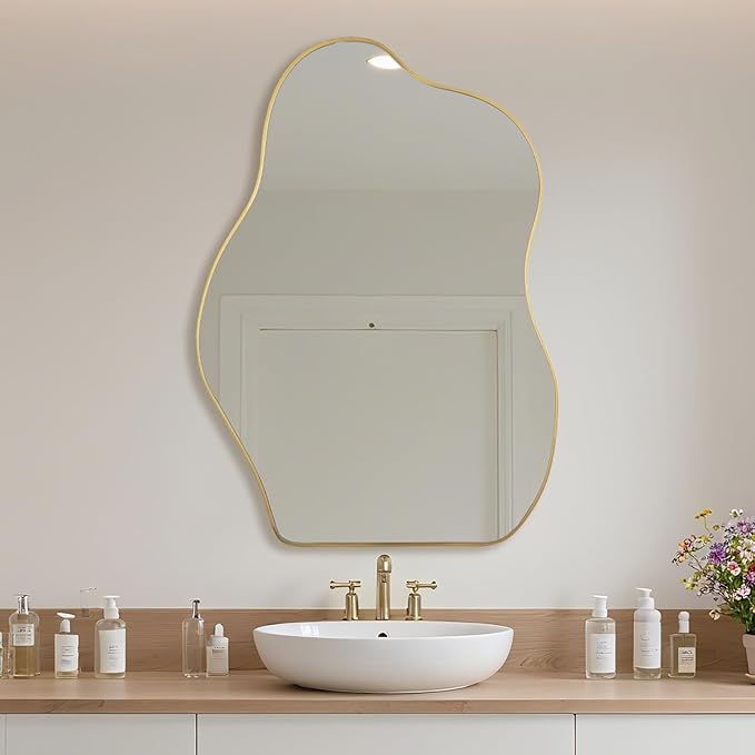 BOMINICA Irregular Wall Mirror Asymmetrical Mirror, Decorative Wall Mirror Golden Wood Framed, Wall Mounted Mirror for Bathroom Living Room Entryway Bedroom Hallway (Gold, 24" x 36")
