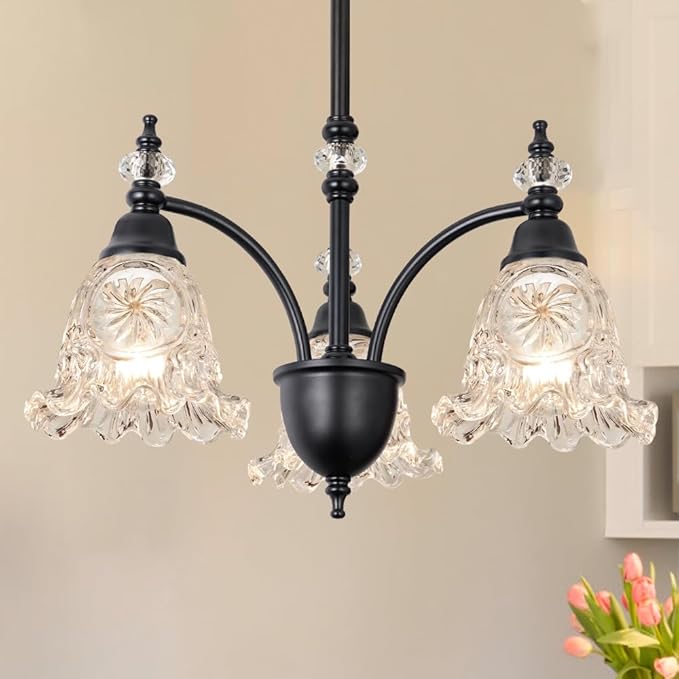 Black Dining Room Light Fixtures Over Table, Vintage 3 Light Glass Chandelier, Farmhouse Glass Chandelier Lighting for Kitchen Table, Dinning, Foyer, Bathroom, Living Room, Bedroom