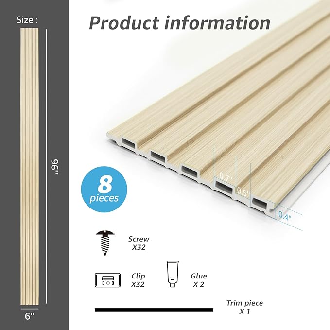 Art3d Slat Wall Panels, WPC Soundproof 3D Wall Paneling for Interior Wall Decor, TV Background, 8-Pack 96 x 6 in. Oak