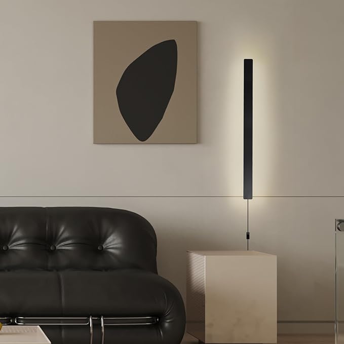 Modern Plug in Wall Lights, 31.4 inch Frosted Black LED Long Wall Sconce, 16W Warm White 3000K Acrylic Indoor Wall lamp,with 59" Plug Cable for Bedroom, Living Room, Hallway