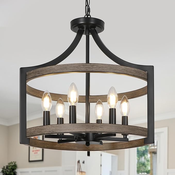 6-Light Farmhouse Chandelier, Metal Faux Wood Hanging Pendant Lighting, Convertible Semi Flush Mount Ceiling Light Fixture Rustic Black Chandeliers for Dining Room Kitchen Foyer Entryway