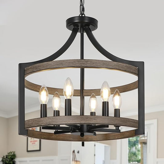 6-Light Farmhouse Chandelier, Metal Faux Wood Hanging Pendant Lighting, Convertible Semi Flush Mount Ceiling Light Fixture Rustic Black Chandeliers for Dining Room Kitchen Foyer Entryway
