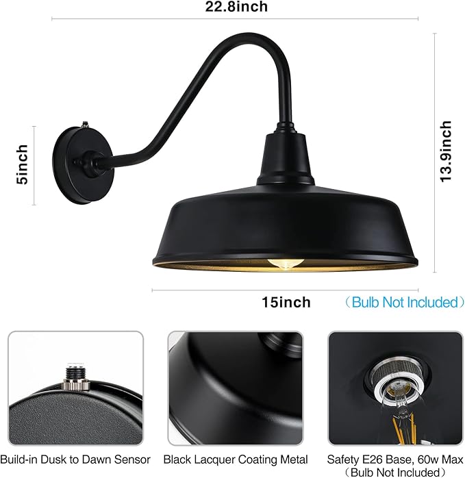 Outdoor Gooseneck Barn Light - Exterior Fixture Sconce Wall Light for Farmhouse, Dusk to Dawn Sensor Front Door Porch Garage Patio Lighting (15 inch（2 PCS）)