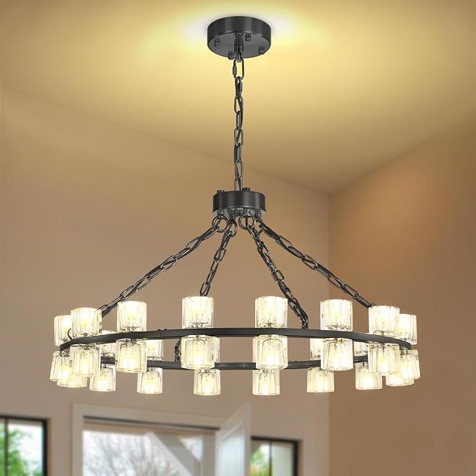 Black Wagon Wheel Chandeliers Modern 32-Lights Black Round Chandelier Crystal Chandeliers for Dining Room,Living Room Vintage Chandelier for Foyer Hallway