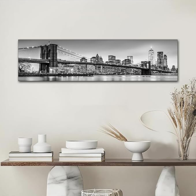 Canvas Wall Art Print New York Cityscape Wall Art for Bedroom Brooklyn Bridge Panorama Wall Decor Art Paintings City Reflection Modern Giclee Artwork for Office Home Decor Ready to Hang 12x46 Inch