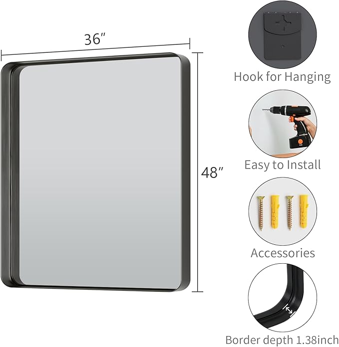 Koonmi Black Bathroom Mirror for Wall, 36x48 Inch Matte Metal Deep Framed Rounded Corner Wall Mirror, Shatterproof Tempered Glass for Farmhouse Bedroom Entryway, Vertically or Horizontally