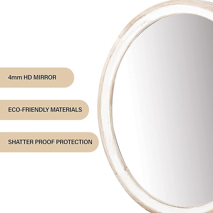 24 Inches Wooden Round Wall Mirror for Bathroom Vanity, Farmhouse Decorative Circle Mirrors with Whitewash Edge, for Bedroom, Entryway, Living Room, Kithen, Home, Office