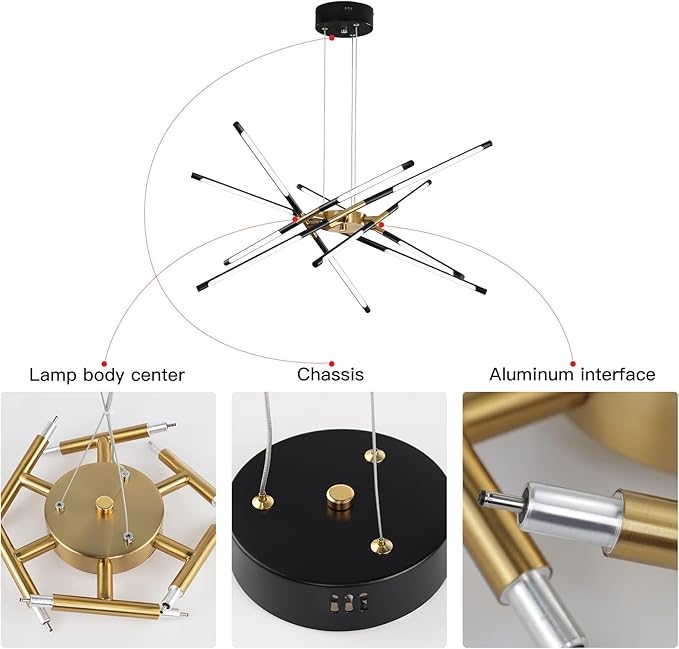 Modern Chandelier,Black and Gold Chandelier 12 Light LED Dimmable Pendant Lights,Easy to Install Ceiling Light 54W Linear Hanging for Dining Room, Kitchen,Bedroom 3000k-6000k with Remote Control