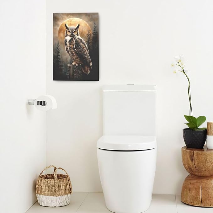 Cabin Owl Wall Art Moon and Forest Canvas Wall Decor Rustic Animal Pictures Paintings Prints Mystical Wildlife Artwork Framed Decorations For Bathroom Bedroom Living Room Office Gifts 16" x 24"