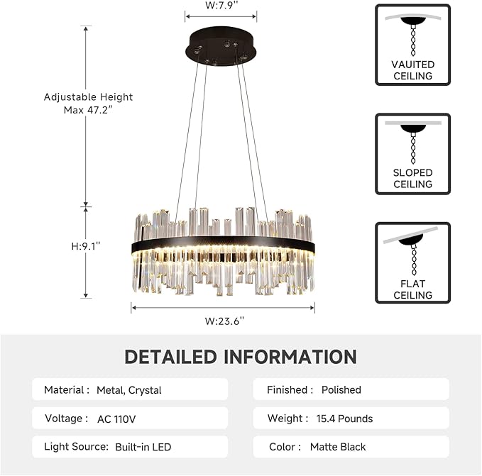 Black Modern Led Crystal Chandelier: 23.6" Round Contemporary 3 Color Dimmable Dining Room Light Fixture over Table - Adjustable Lighting Chandeliers for Bedroom Living Kitchen Island Entryway Foyer