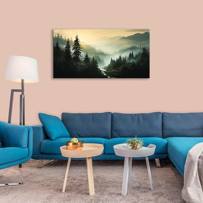 BYXART Misty Forest Canvas Wall Art Foggy Mountain Landscape Nature Picture Decor for Bathroom Living Room Pine Trees Smoky Scenery Painting Artwork for Bedroom Home Office Decorations 40L x20W