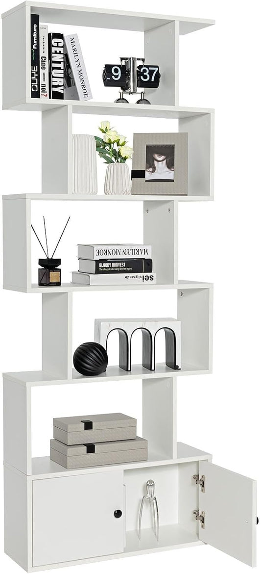 6-Tier Geometric Bookcase, 72” Freestanding Room Divider Bookshelf with Open Display Shelves & Multi-use Storage Cabinet, Wood S-Shaped Storage Organizer for Living Room, Bedroom & Home Office