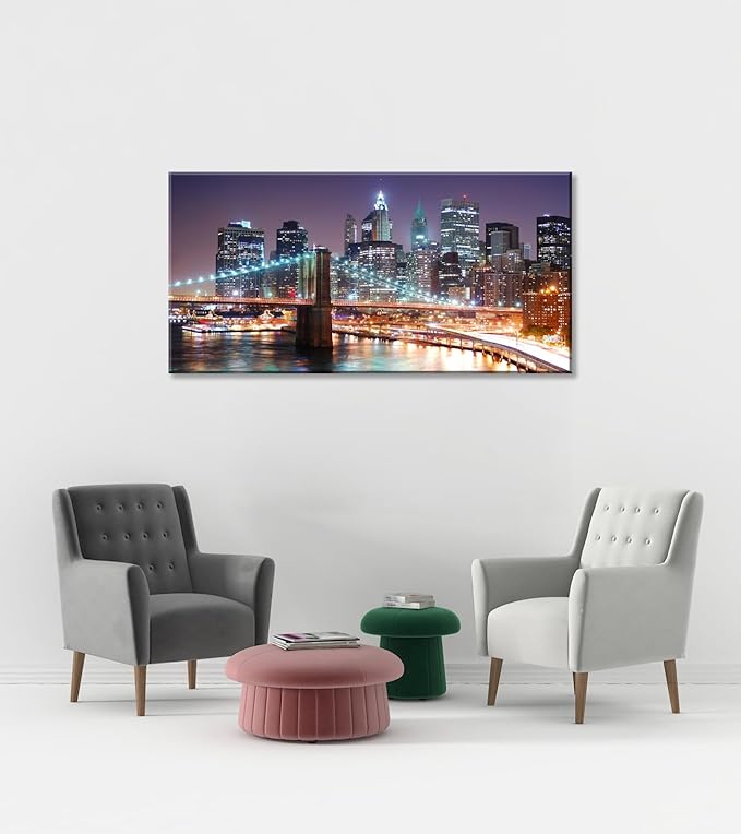 NAN Wind 1PCS New York City Skyline Canvas Wall Art Brooklyn Bridge at Sunset Golden Hour Manhattan Cityscape Pictures Canvas Artwork East River Reflection Modern Urban Home Decor Living Room Office