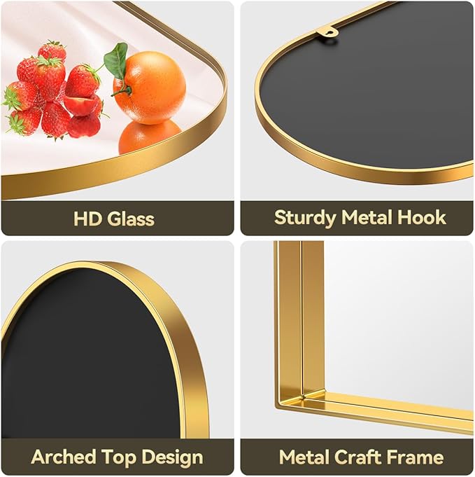 Brightify Arched Mirror, Arched Wall Mirror, 32 x 40 Inch Gold Arch Mirror, Metal Frame Gold Bathroom Mirror, Arched Top Bathroom Vanity Mirror for Living Room Bedroom Mantel Entryway Hallways