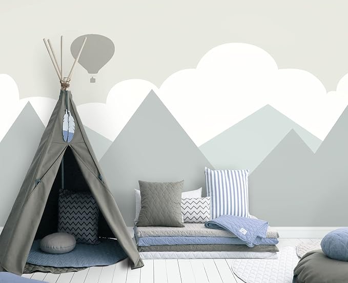 Cartoon Hot air Balloon Mountain Peak Baiyun Children's Nursery Wall Mural Wallpaper 178" x 117"