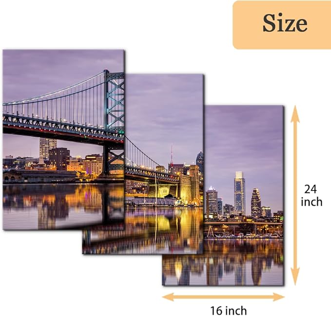 Pacimo Canvas Wall Art Ben Franklin Bridge Skyline Modern Home Decor Philadelphia Cityscape Picture Prints Modern Artwork for Wall Decor Stretch and Framed Ready to Hang - 20"x28"x3 Panels
