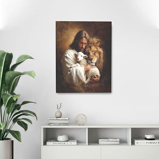 Jesus Lion Lamb Wall Art Christian Jesus Wall Decor Lion of Judah Pictures Religious God Canvas Painting Print Christ Artwork Decoration for Living Room Bedroom Church Framed Gifts 16”X20”