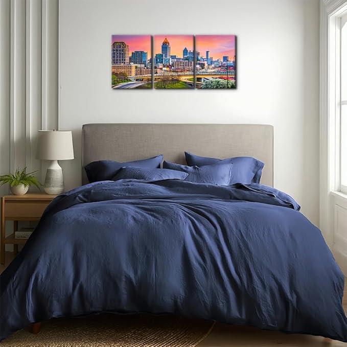 Pacimo Atlanta Cityscape Canvas Wall Art Print City Skyline at Dusk Painting Wall Decor for Living Room Home Decoration Gallery Wrapped Posters and Prints Framed Ready to Hang - 12"x16"x3 Panels
