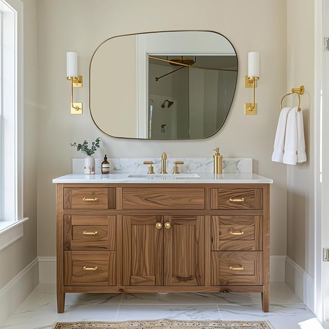 ANDY STAR 30"x40" Asymmetrical Wall Mirror，Brushed Gold Irregular Bathroom Mirror with Stainless Steel Metal Frame, Large Wall-Mounted Mirror for Bathroom, Entryway (Horizontal/Vertical)