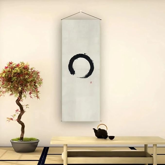 Japanese Tapestry Wall Art Scroll - Feng Shui & Lucky Symbols | W15.7xH47.2", Extra Long Vertical Hanging Decor for Bedroom, Living Room, Office | Zen Design (Enso-Circle) CTT-134