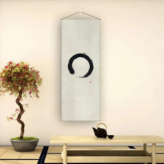 Japanese Tapestry Wall Art Scroll - Feng Shui & Lucky Symbols | W15.7xH47.2", Extra Long Vertical Hanging Decor for Bedroom, Living Room, Office | Zen Design (Enso-Circle) CTT-134