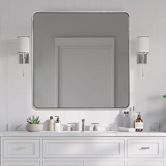 ANDY STAR 36x36 Inch Chrome Mirrors for Bathroom, Chrome Square Bathroom Vanity Mirror, Rounded Mirror, Anti-Rust SUS304, Seamless Tube Metal Frame, 1’’ Deep Wall Mounted Vertically/Horizontal
