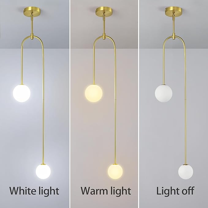 Modern Milk Glass Pendant Light 2 Light Mid Century Chandelier Small Glass Globe Gold Pendant Lights for Kitchen Island Bedroom Dining (Metal Tube Removable, 2 Pack)