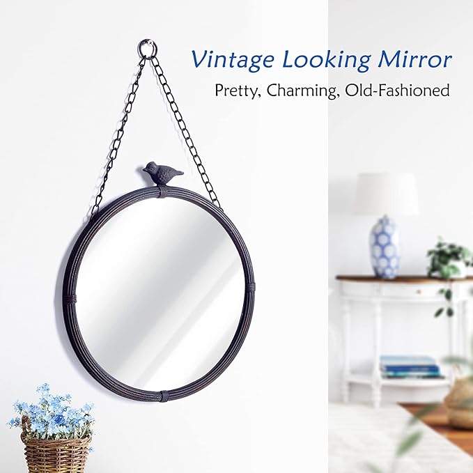 NIKKY HOME 11.2" Decorative Small Hanging Mirrors Vintage Rustic Round Metal Framed Wall Mounted Mirror Decor with Bird for Bathroom Living Room Office, Antiqued Black