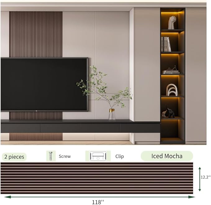 2PCS 3D Acoustic Slat Wall Panels Circle Design Fluted Textured Panel for Interior Wall Decor 118"x6" (Iced Mocha)