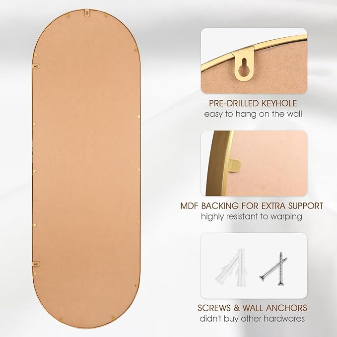 Oval Full Length Mirror, 20"x53" Metal Beaded Frame Large Hanging Dressing Floor Mirror for Bedroom, Living Room, Entryway, Antique Gold (No Stand)