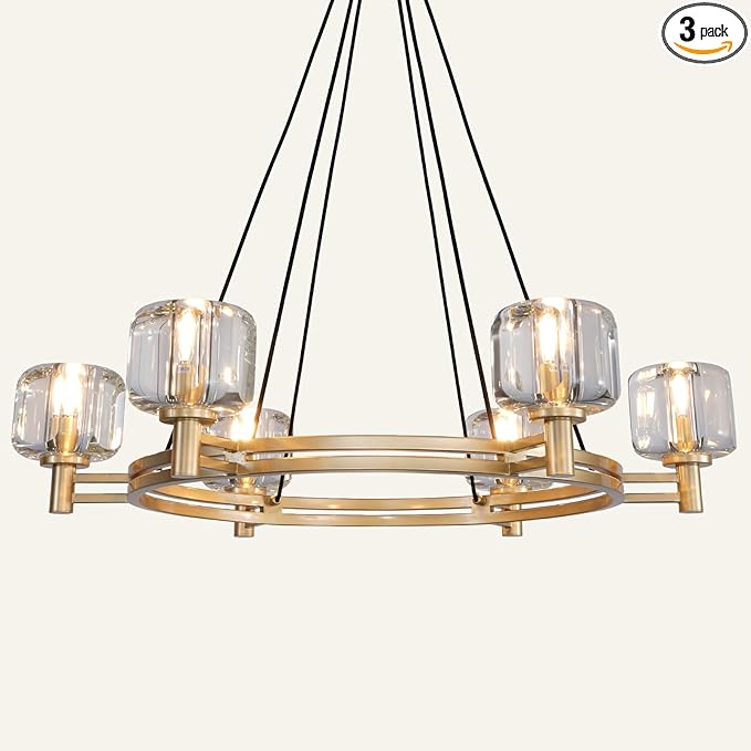 Modern Round Crystal Chandelier, 36in Large Gold Farmhouse Chandeliers for Dining Room, Light Fixtures Over Table, 6-Light Pendant Lighting Fixture for Living Room Bedroom Kitchen Island