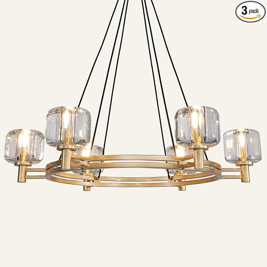 Modern Round Crystal Chandelier, 36in Large Gold Farmhouse Chandeliers for Dining Room, Light Fixtures Over Table, 6-Light Pendant Lighting Fixture for Living Room Bedroom Kitchen Island