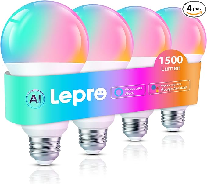Lepro B3 AI Smart Light Bulbs - 1500LM 100W Equivalent A21 Bulb, WiFi & Bluetooth RGBWW Color Changing, Works with Alexa & Google Assistant, AI Voice Control by App, Music Sync, 2.4GHz Only (4 Pack)