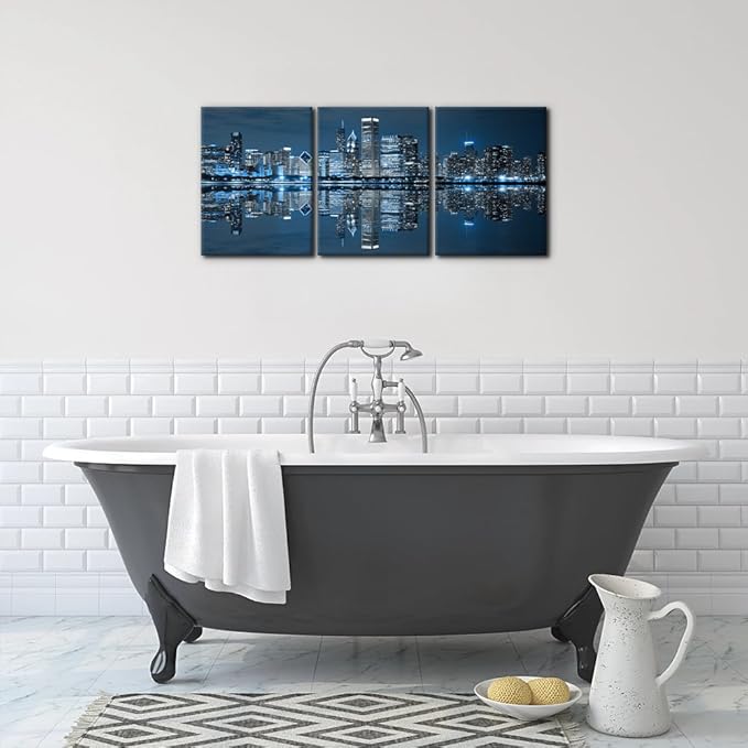 Pacimo Chicago Cityscape Modern Canvas Wall Art Prints Artwork Skyscrapers at Night View Paintings City Skyline Pictures Painting for Home Decorations Decor Framed Ready to Hang - 12"x16"x3 Panels