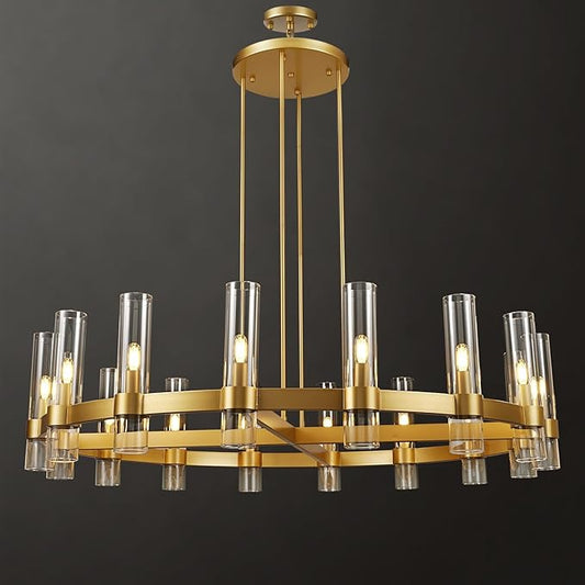 Modern 48" Gold Wagon Wheel Chandelier, Brass Round Chandeliers for Dining Room,16-Light Farmhouse Living Room Chandelier with Glass Tube for Bedroom,Staircase, Foyer, Entryway, Includes Bulbs