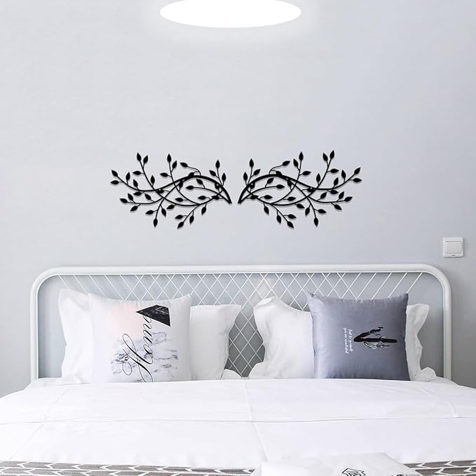 2 Pieces Metal Tree Leaf Wall Decor Vine Olive Branch Leaf Wall Art Wrought Iron Scroll Sculptures Home Decor Above The Bed,Branches Hanging Wall Decor for Livingroom and Outdoor(Black)