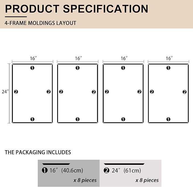 4 Set of 16" x 24" Pre-Cut Accent Wall Molding Trim Kit, Peel and Stick Premade Wainscoting Panels for Interior Decoration, Ready to Assemble Chair Rail Moulding