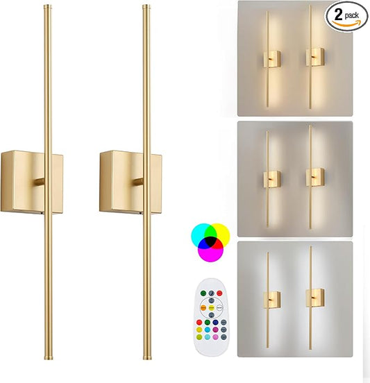 Battery Operated Wireless Wall Sconces Set of Two, with Remote, Dimmable, Warm White/Natural White/Daylight/RGB, 350°Rotate, LED Gold Wireless Wall Light for Living Room, Bedroom, 28.3 Inch