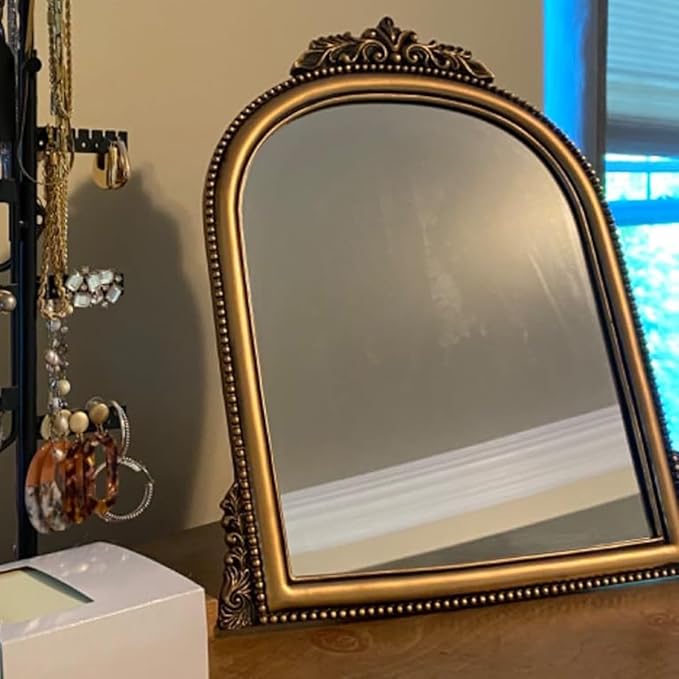 OIGUMR Small Vintage Gold Ornate Baroque Mirror Hanging Mirror Arched Resin Frame Size：15X11 inch