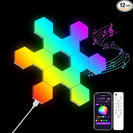 OJQ 12 Pack Hexagon Lights Wall RGB Panel - Led Lights Gifts for Men Birthday Christmas Decorations Lamp for Bedroom Gaming Equipment Gamer Supps Honeycomb Shape Panels Hexagon Gaming Lights