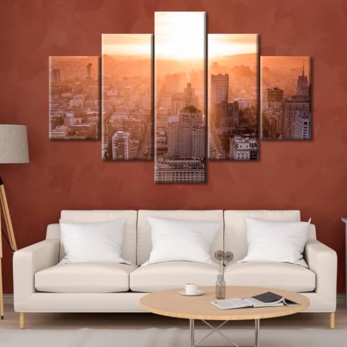 5 Pieces California Cityscape Home Decor Artwork Paintings Cityscape at Sunset Skyscraper Modern Artwork Print on Canvas Giclee Wooden Framed Gallery-Wrapped Ready to Hang (60" Wx40 H)