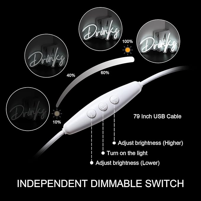 Looklight Drinks Neon Sign,Bar Neon Sign,Neon Signs for Wall Decor,Neon Sign For Room,White Neon Light Sign Led Neon Bar Signs USB Connectivity Light Up Wall Decor for Teen Room Bedroom Bar Store