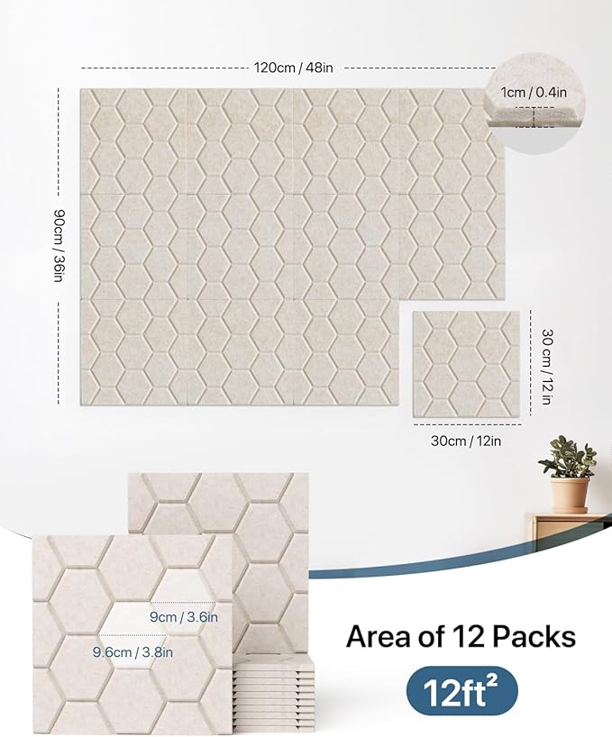 Acoustic Wall Panels Sound Absorbing, Honeycomb Self Adhesive Wall Tiles Panel, 12 Pack Decorative Hexagon Design for Studio, Home Office, Gaming Room, Acoustic Treatment, 12"x12"x0.4", Beige