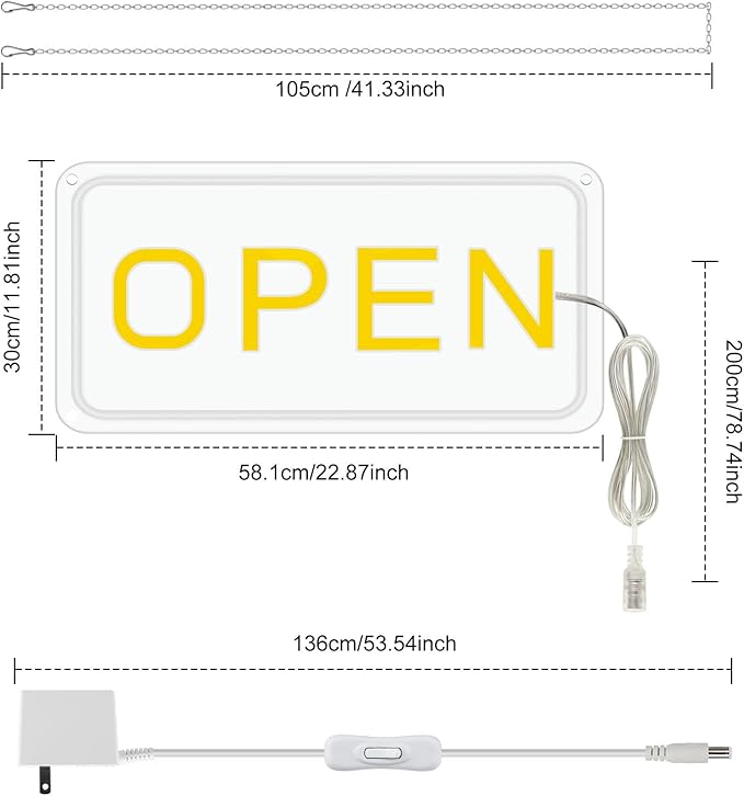 22.8"x 11.8" Ultra Bright 12V Neon Open Sign for Business, LED Open Neon Sign, Electric Light up Signs for Stores, Restaurants Offices Retail Shops Window (Yellow-White-Horizontal)