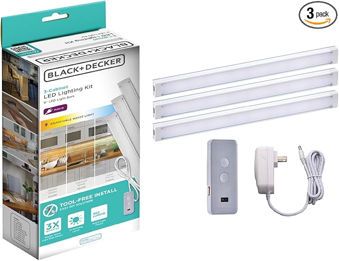 BLACK+DECKER LED Under Cabinet Light Kit, Motion Sensor, Dimmable, Linkable, 3 Color Settings, Tool-Free, for Kitchen, Cabinets and Closets, (3) 9" Bars