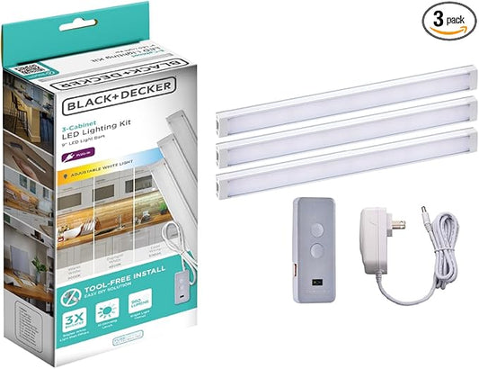BLACK+DECKER LED Under Cabinet Light Kit, Motion Sensor, Dimmable, Linkable, 3 Color Settings, Tool-Free, for Kitchen, Cabinets and Closets, (3) 9" Bars