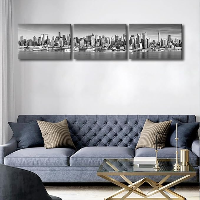 New York Wall Art Black and White City Panorama Cityscape Pictures Print On Canvas Urban Building Artwork Wall Art for Living Room Office Giclee Posters and Prints Framed Ready to Hang 14x60 Inch