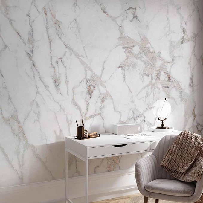 artgeist Premium Wall Mural Marble 157x110 in - Non-Woven Wallpaper Fleece Wall Decor Photo Print Picture Image Design Home Mural Stone Wall Abstract 3D Effect White Grey f-C-10044-a-b